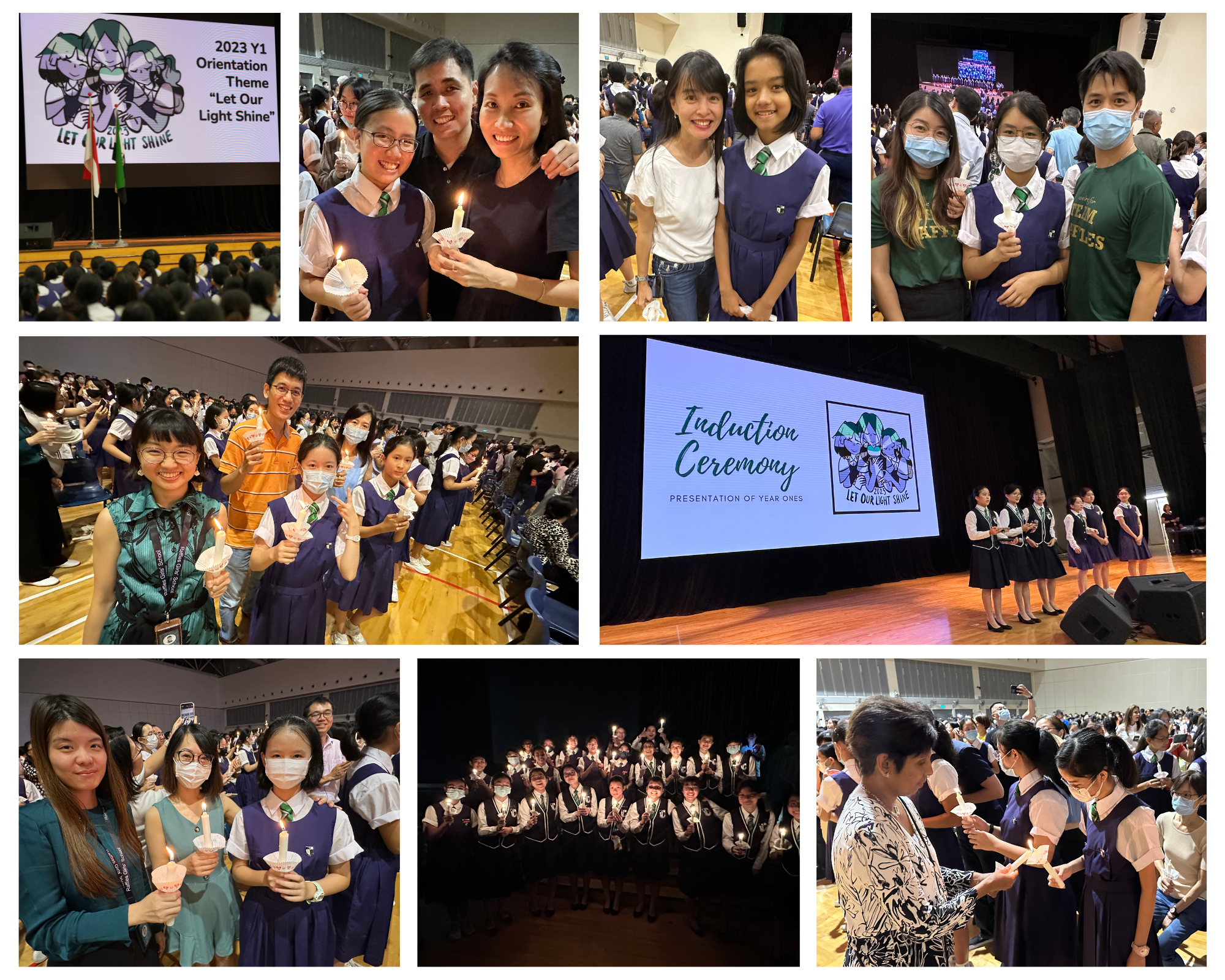 Collage of a school induction ceremony: students and parents hold lit candles in a crowded hall and on stage.